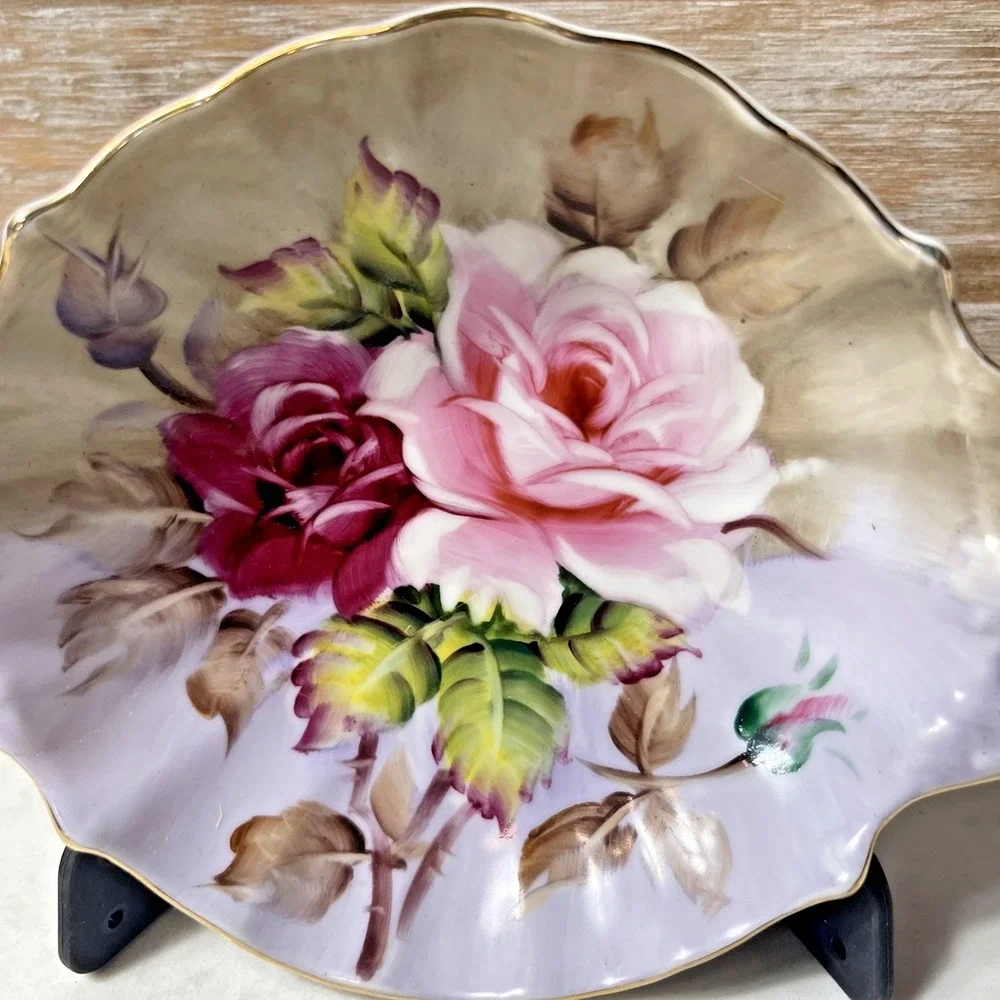 Vintage Lefton Hand Painted China Roses Purple Gold Trim Bowl w Handles
